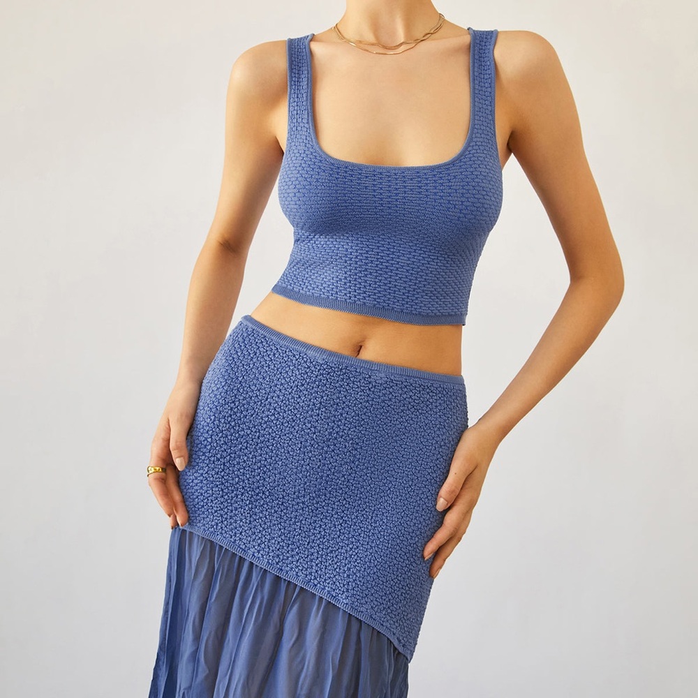 Matching 2 piece top & skirt set- blue drop waist midi skirt & stretchy knit top - Picture 9 of 13